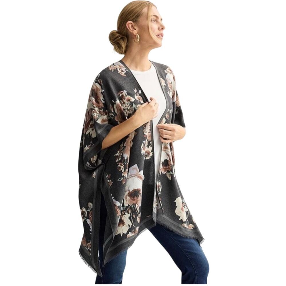 Nine West Women's Brushed Floral Printed Soft Ruana Topper Kimono Wrap One Size